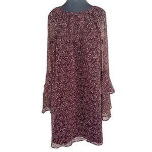 LOFT XL Boho Romance Mini Burgundy Floral Chiffon Shift Dress Ruffle Bell Sleeve